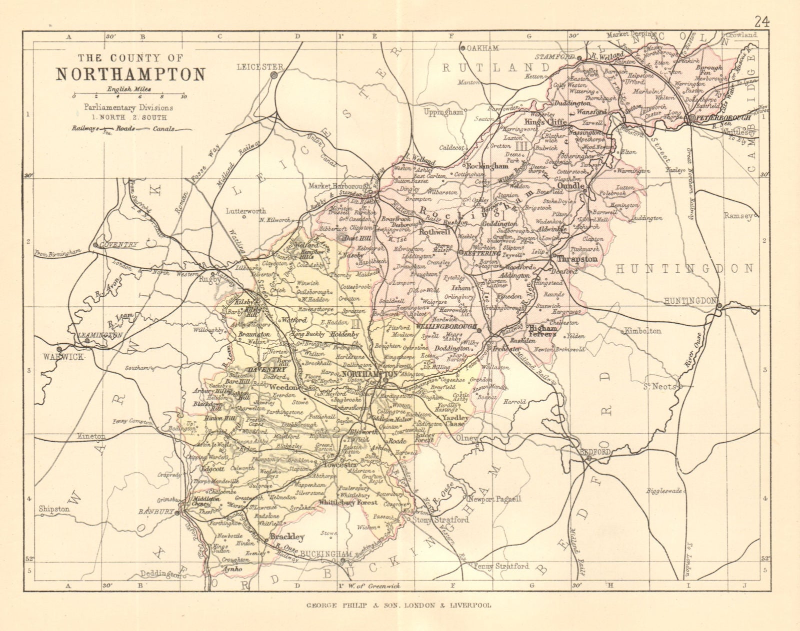 NORTHAMPTONSHIRE. County map. Railways canals. Constituencies. PHILIP 1884